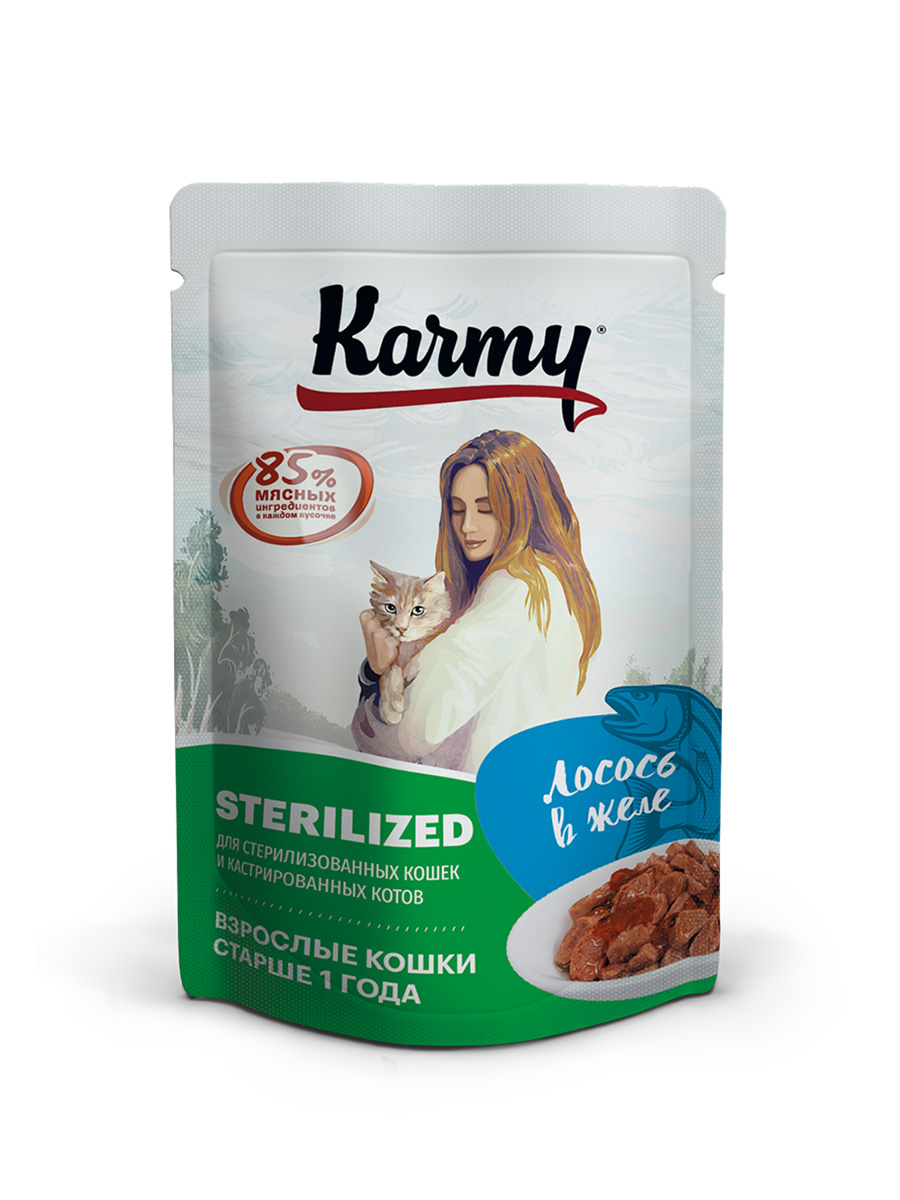 Влажный корм для кошек Karmy Sterilized, лосось в желе, 24шт по 80г