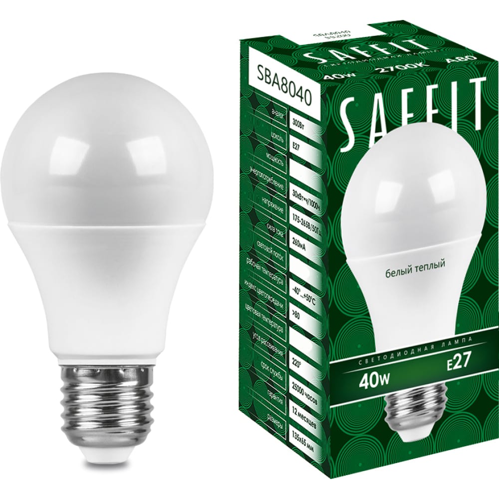 

SAFFIT Лампа светодиодная SBA8040 Шар E27 40W 2700K, 55200