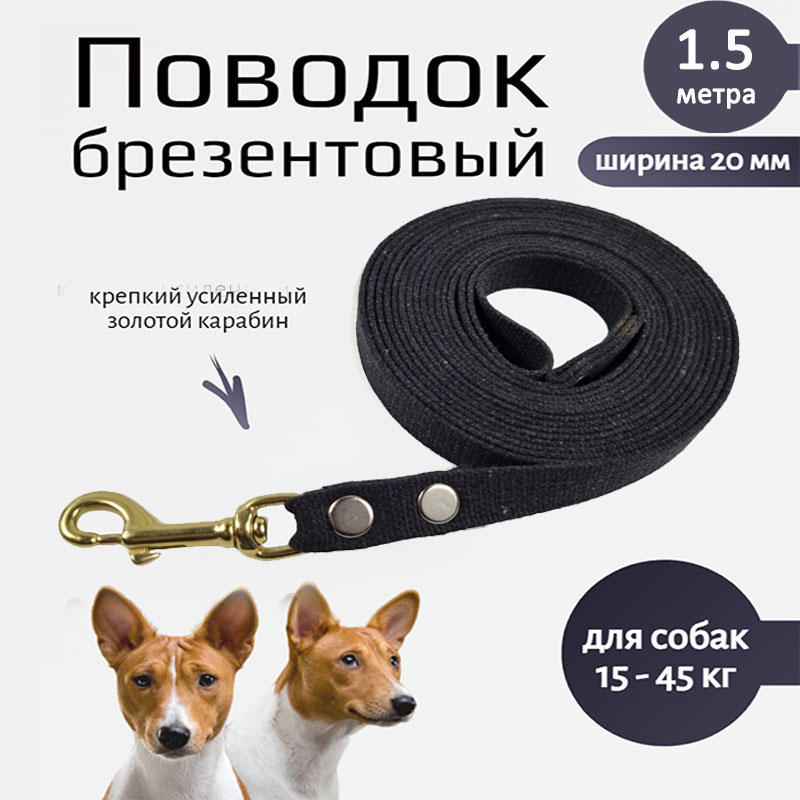 

Поводок для собак Хвостатыч с золотистым карабином, черный, брезент, 1.5 м х 20 мм