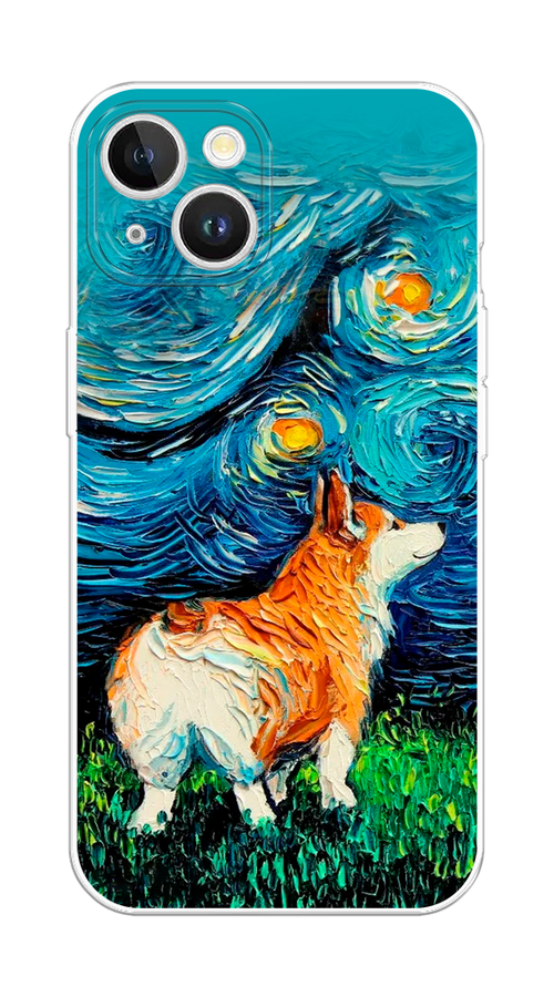 

Чехол на Apple iPhone 15 Plus "Корги звёздная ночь", Коричневый;белый;зеленый, 15650-1
