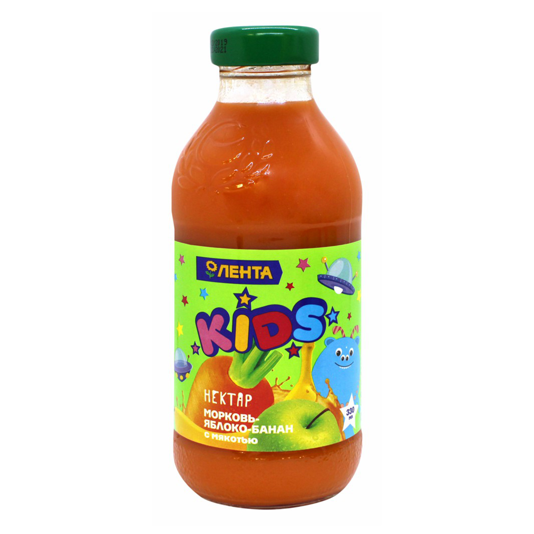 

Нектар Лента Kids Морковь-яблоко-банан с мякотью для детского питания с 3 лет 0,33 л