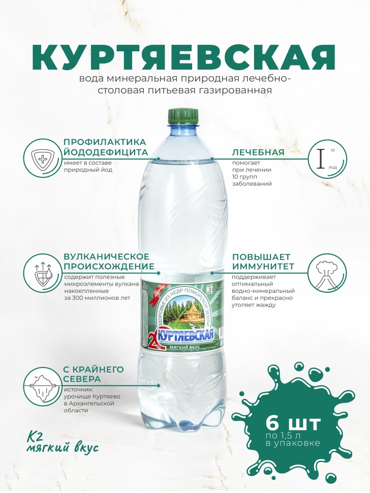 Вода минеральная Куртяевская К-2, 1,5 л х 6 шт