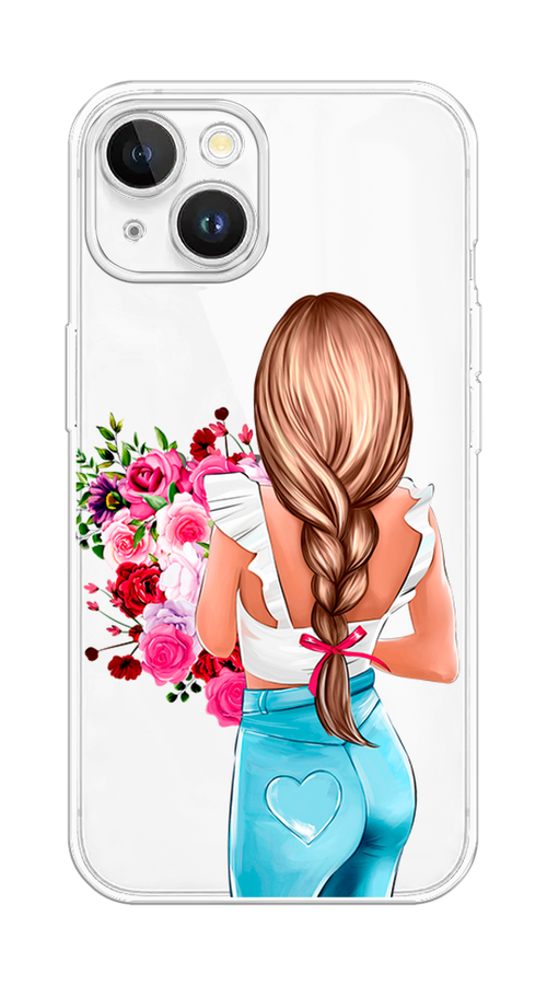 

Чехол на Apple iPhone 15 Plus "Девушка с цветами", Коричневый;розовый;бирюзовый, 15650-1