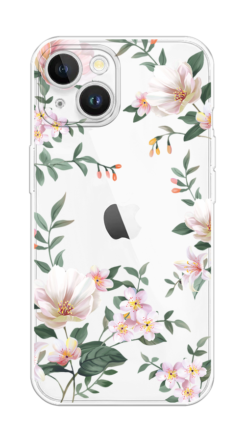 

Чехол на Apple iPhone 15 Plus "Beautiful white flowers", Бежевый;зеленый, 15650-1