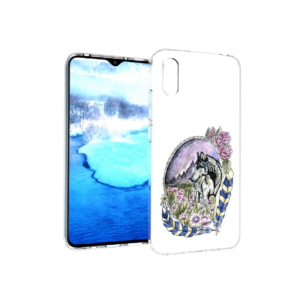 

Чехол MyPads Tocco для Xiaomi Redmi 9A нарисованный волк в цветах с перьями, Прозрачный, Tocco