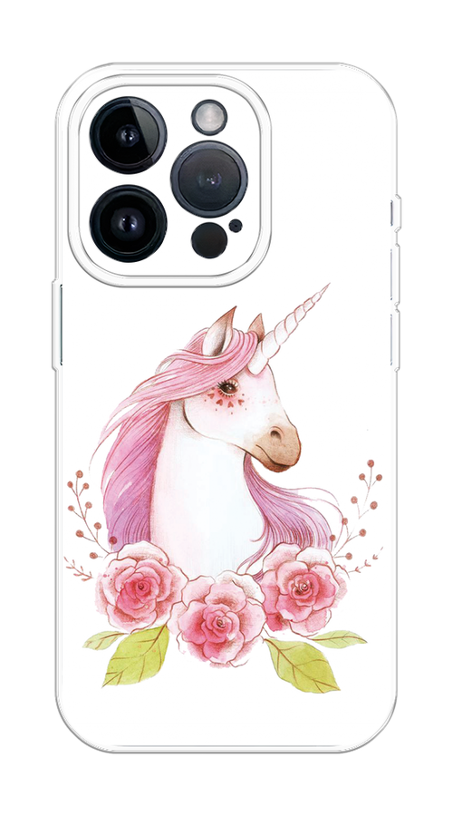 

Чехол на Apple iPhone 15 Pro "Единорог цветы", Белый;розовый;серый, 15750-1