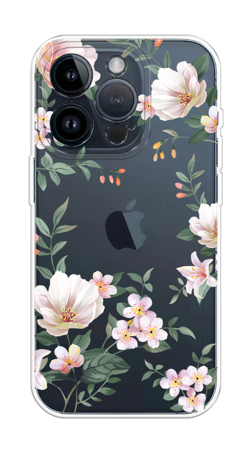 

Чехол на Apple iPhone 15 Pro "Beautiful white flowers", Бежевый;зеленый, 15750-1