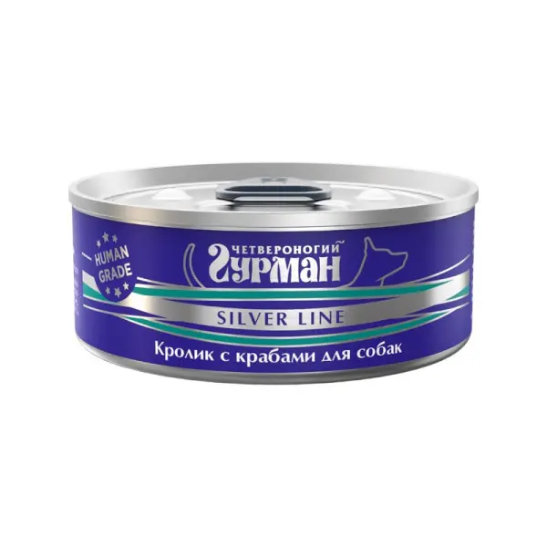 

Четвероногий Гурман Silver kine,Корм консервированный для собак Кролик с крабами, 100 г, Кролик с крабами