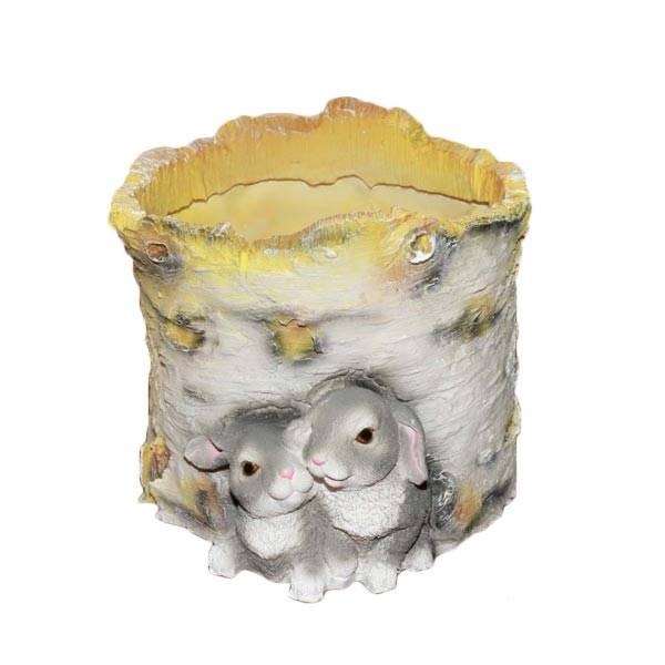 фото Кашпо декоративное пенек березовый с зайчатами ремеко
