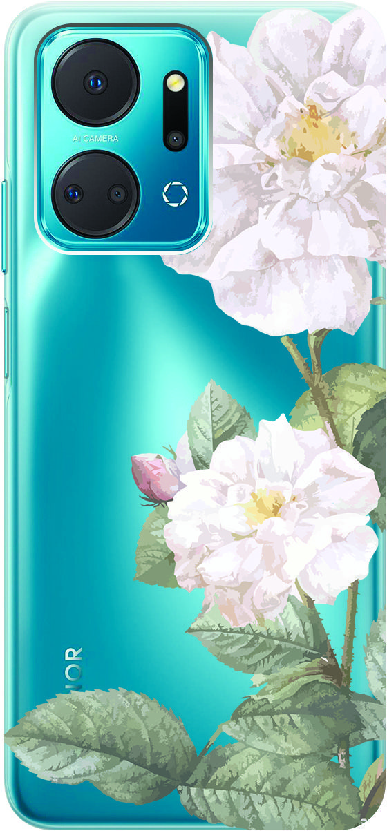 

Силиконовый чехол на Honor X7a с 3D принтом "White Rose" прозрачный, Прозрачный;черный, 159389