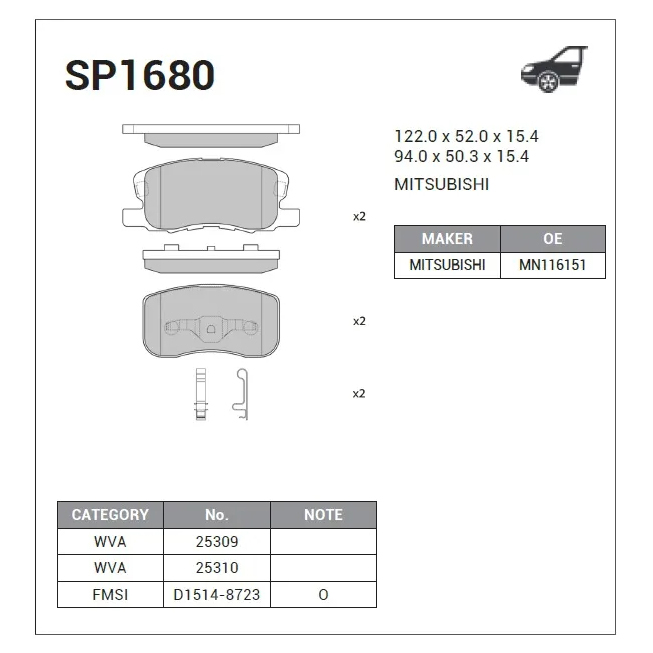 

Колодки передние MITSUBISHI COLT 04-12 SP1680
