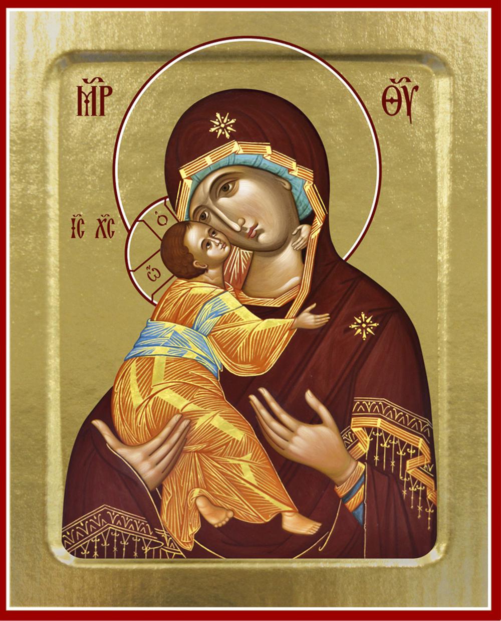 Икона Синопсисъ Пресвятой Богородицы, Владимирская млад в желто-голубом на дереве 125 х 1