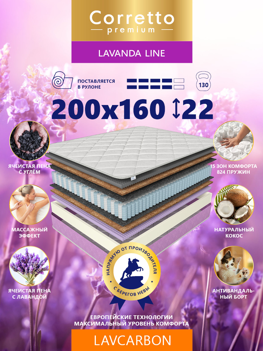 

Матрас пружинный Corretto Lavcarbon 200X160, Белый;фиолетовый, Lavcarbon