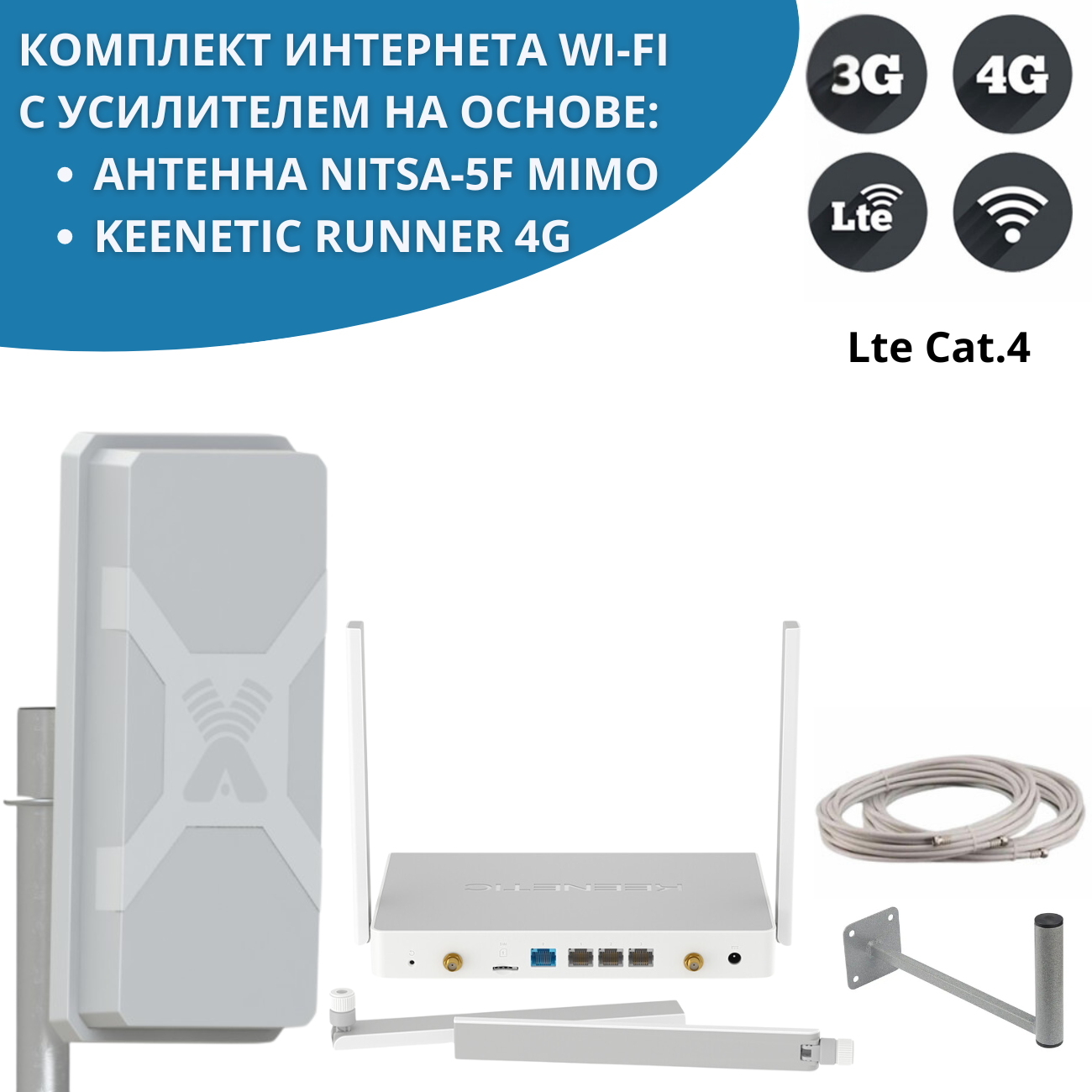 

Мобильный интернет на даче 3G/4G роутер Keenetic Runner 4G с антенной Nitsa-5F MIMO, 12944