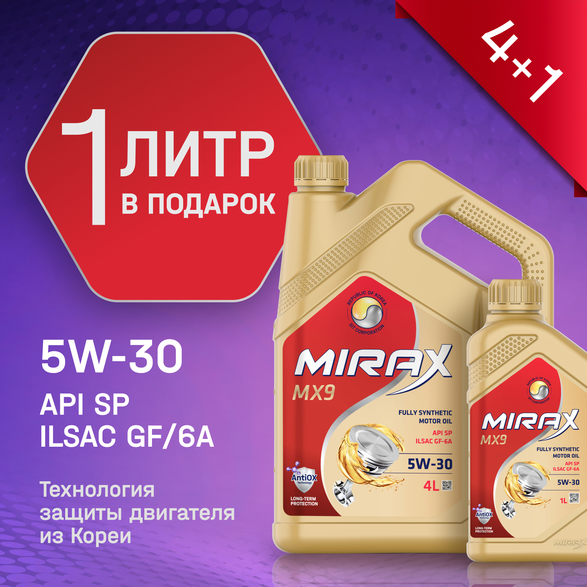 Масло моторное Mirax MX9  5W-30, GF-6A, SP, синтетическое 4+1 л