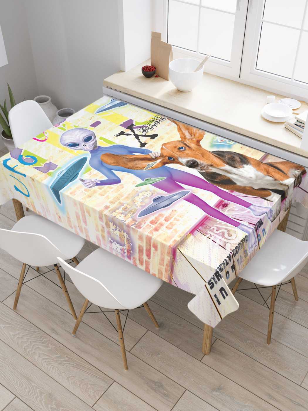 

Скатерть прямоугольная JoyArty "Инопланетянин и космический бассет" 180x145 см, Зеленый, Инопланетянин и космический бассет