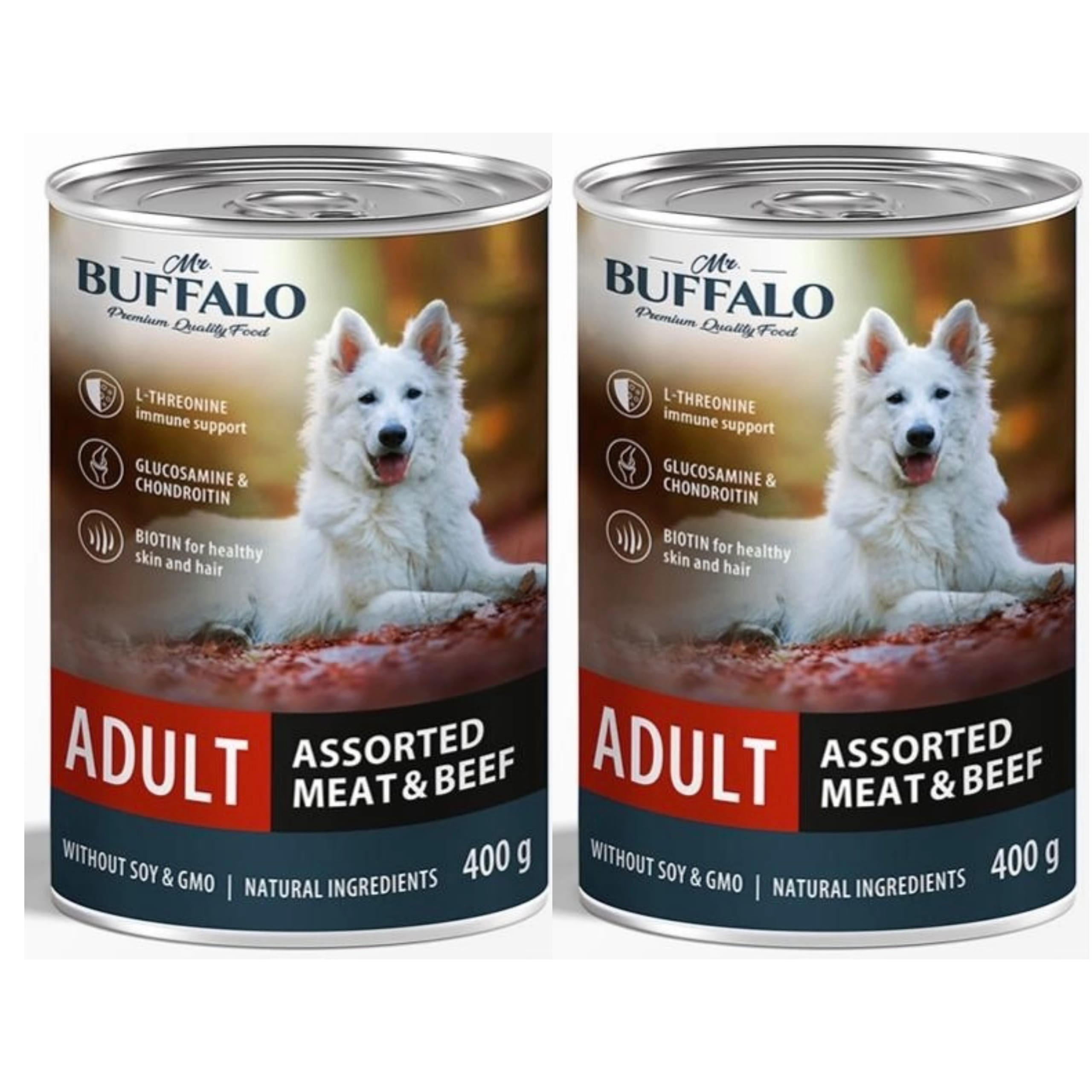 Консервы для собак MrBuffalo ADULT Мясное ассорти с говядиной 2 шт по 400 г 978₽