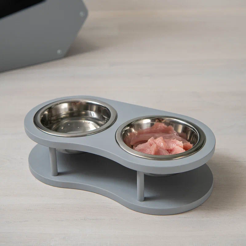 Миска для кошек Котомото двойная, на деревянной основе, сталь, серая, 2 по 0,26 л