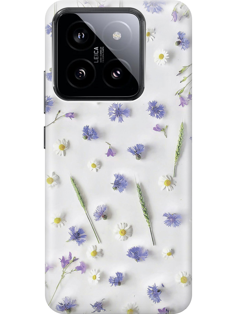 

Силиконовый чехол на Xiaomi 14 с рисунком "Ромашки и колоски", Белый;зеленый;фиолетовый, 20012083