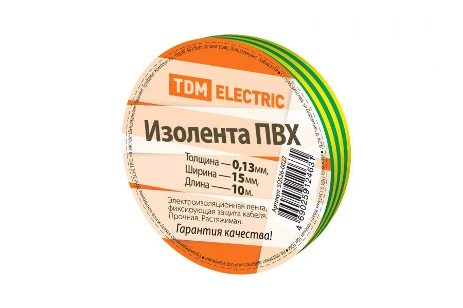 фото Изолента tdm, пвх, 15 мм х 10 м., арт. 345942 желто-зеленый - (10 шт.) tdm electric