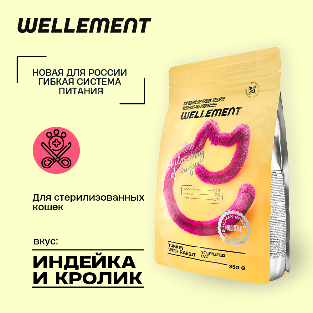 Сухой корм для кошек Wellement, для стерилизованных, с индейкой и кроликом, 350 г