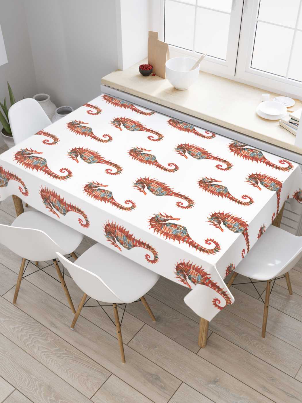 

Скатерть прямоугольная JoyArty "Морские коньки" из оксфорда, 120x145 см, Белый, Морские коньки