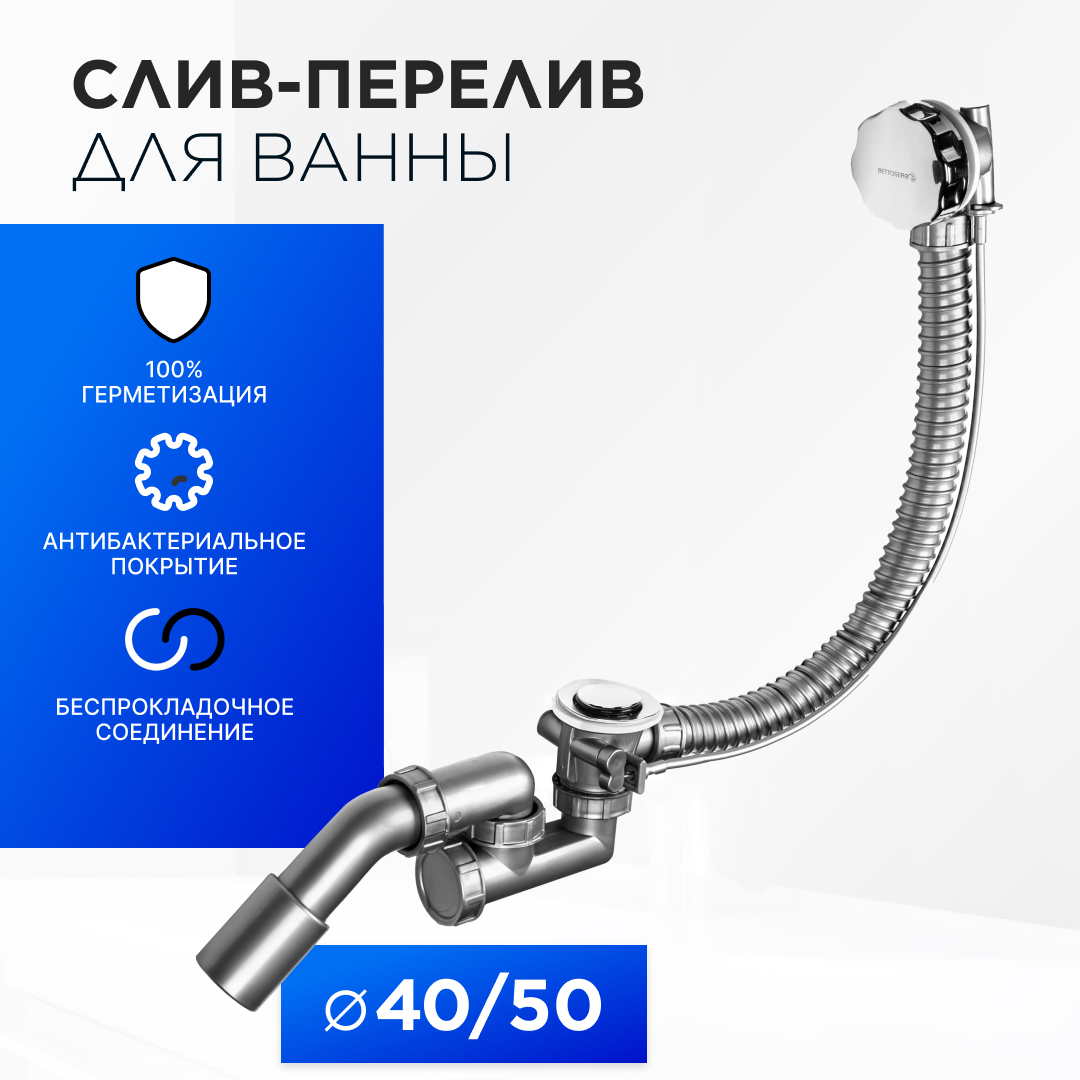 Сифон для ванны слив-перелив полуавтомат BETTOSERB 125316 с ABS накладкой слив перелив alcaplast для ванны полуавтомат хром a55k 100 ru 01