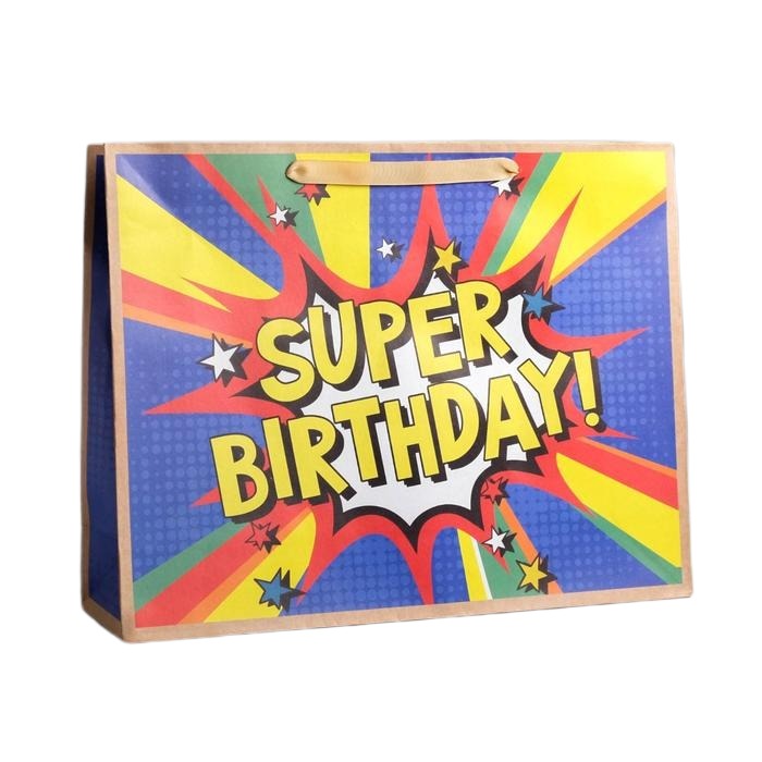 

Пакет Дарите Счастье крафтовый горизонтальный Super birthday L 40 х 31 х 11.5 см, Разноцветный