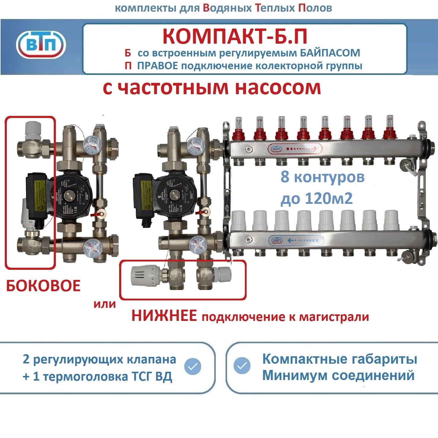 Коллекторы теплого пола ВТП КОМПАКТ-Б.П (с байпасом) 8 контуров справа, НСУ +частотн насос