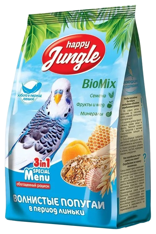 Сухой корм для волнистых попугаев Happy Jungle, при линьке, 500 г