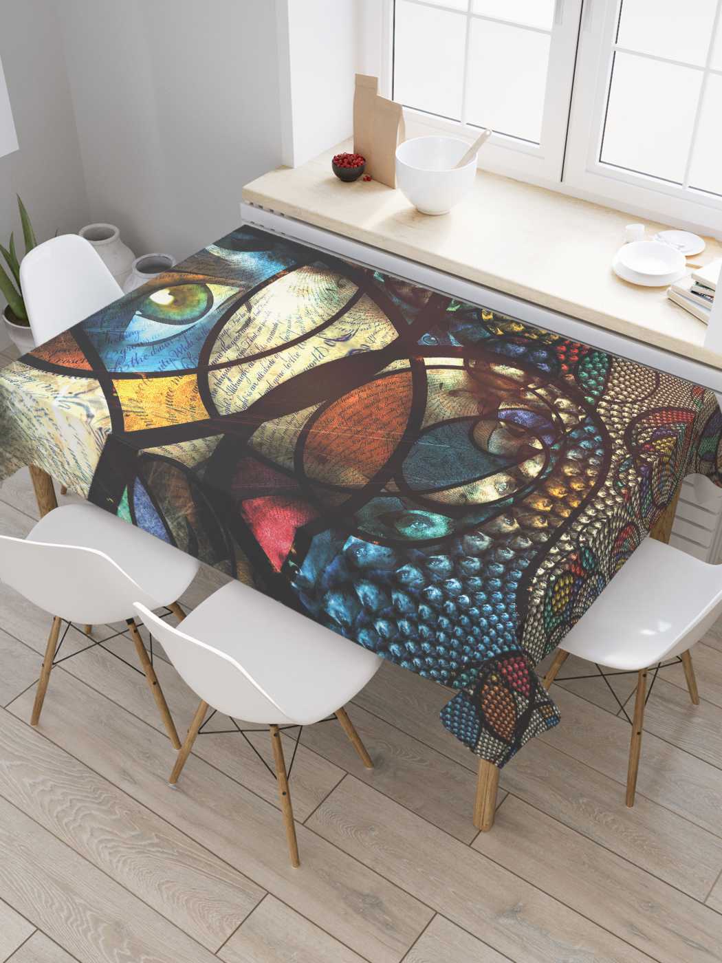 

Скатерть прямоугольная JoyArty "Красочный витраж" из оксфорда, 120x145 см, Коричневый, Красочный витраж