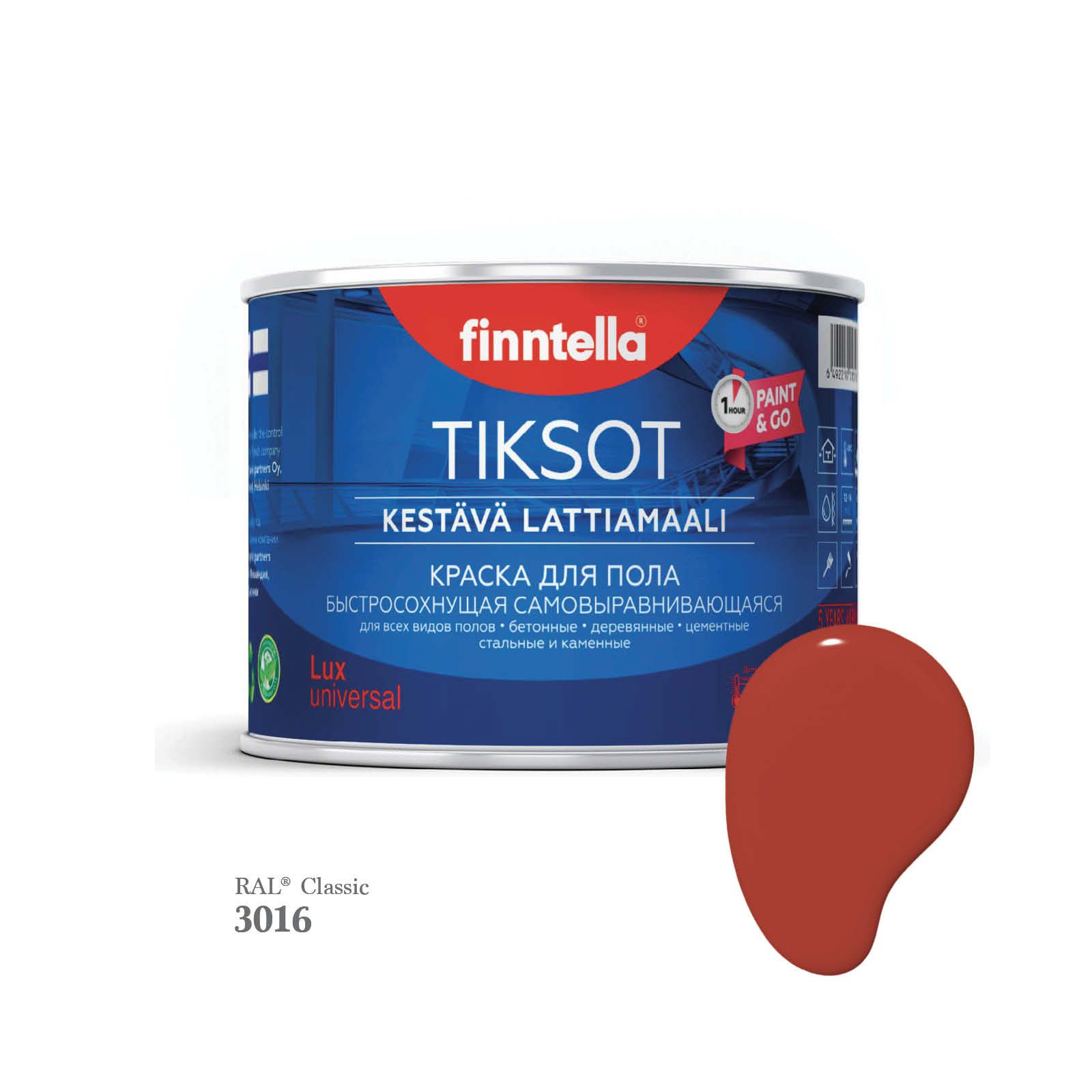

Краска для пола быстросохнущая финская эмаль FINNTELLA TIKSOT, цвет RAL3016 , 0,45л, Красный, TIKSOT RAL