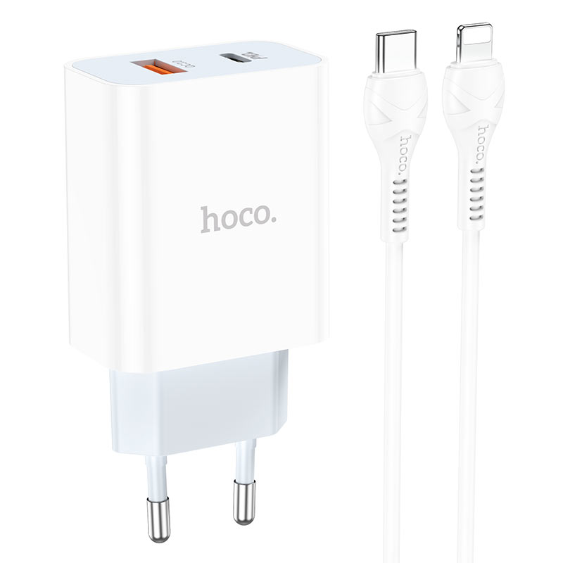 

Сетевое зарядное устройств, hoco, 1 USB 3.0 QC+1 PD 20W (C97A), Type-C to Lightning, белый