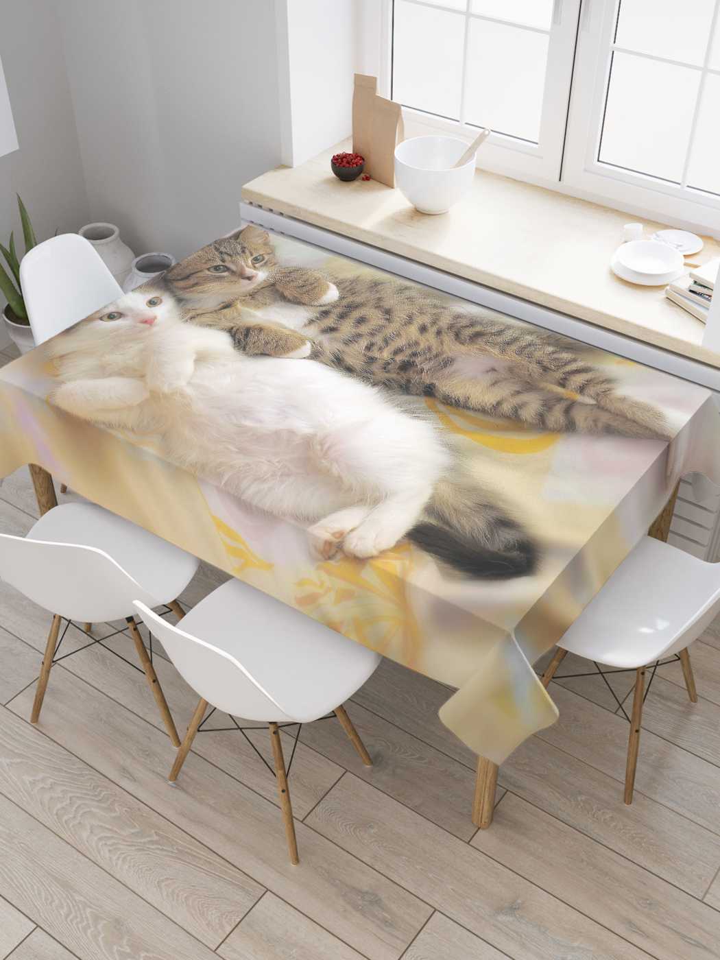 

Скатерть прямоугольная JoyArty "Два кота" из сатена, 180x145 см, Бежевый, Два кота