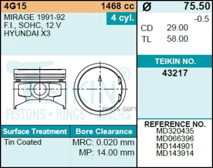 TEIKIN 432170.50 Поршни(к-т4шт)0,50 4G15new75,5/1,2/1,5/3