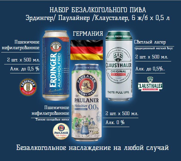 Набор безалкогольного пива Clausthaler, Paulaner Weissbier, Erdinger, 6 шт х 0,5 л