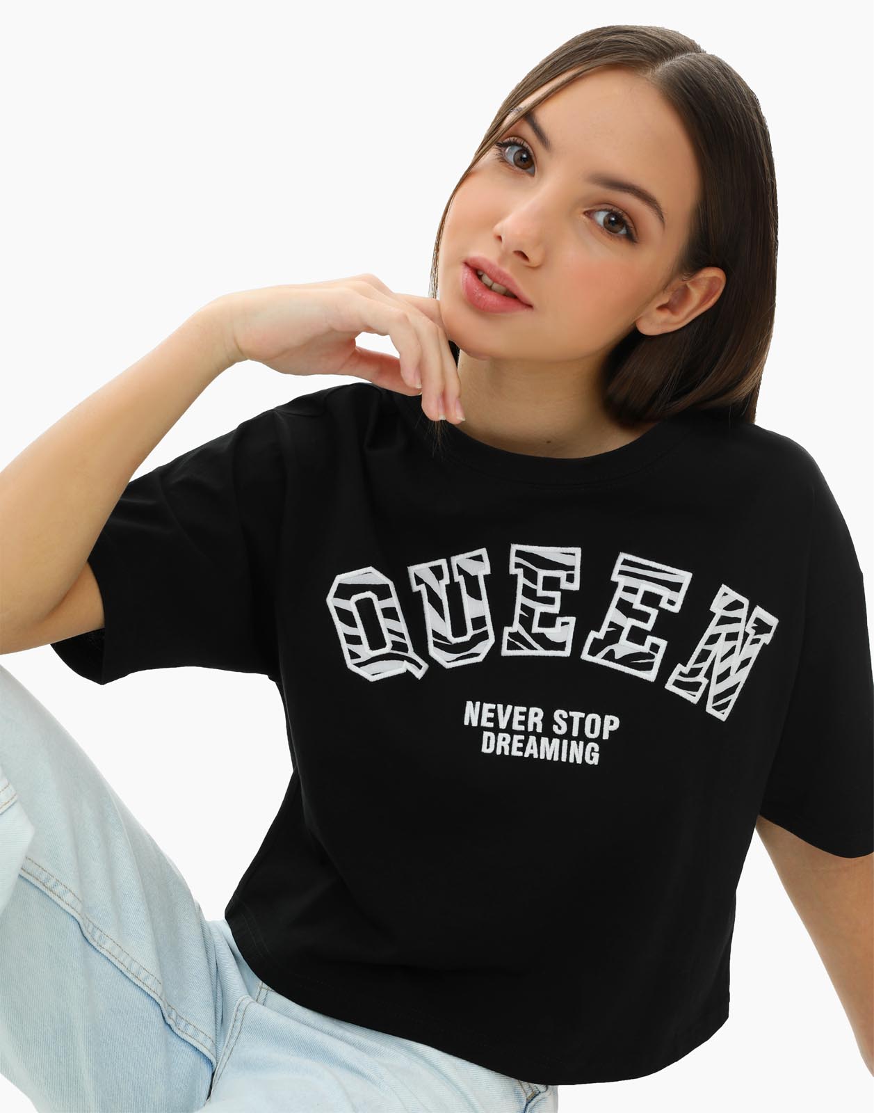Oversize футболка с принтом для девочки Gloria Jeans GKT019682 черный 5-6л/116