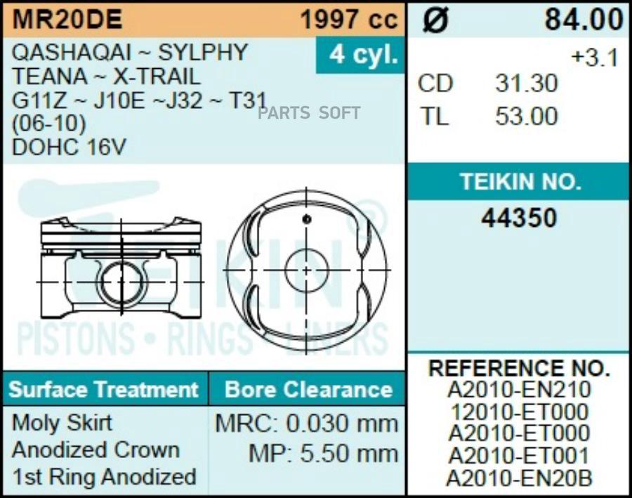 

Поршень без колец TEIKIN 443500.50 Nissan mr20de d84.0+0.50