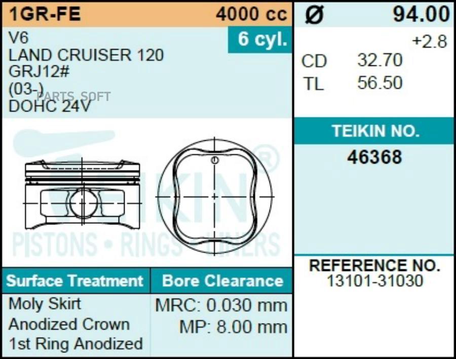 TEIKIN 463680.50 Поршень без колец toyota 1gr-fe d94.0+0.5 teikin