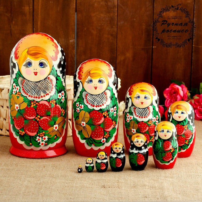 

Матрёшка Хохлома красное платье, 10 кукольная, 26 см