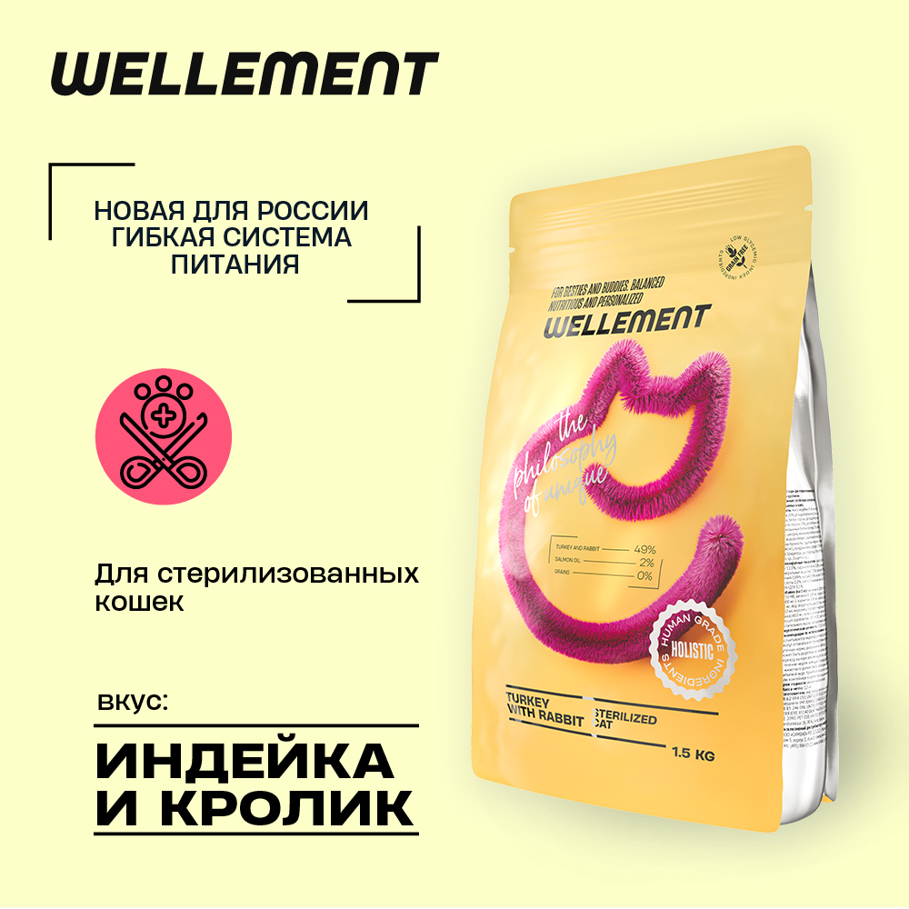 Сухой корм для кошек Wellement, для стерилизованных, индейка и кролик, 1,5 кг