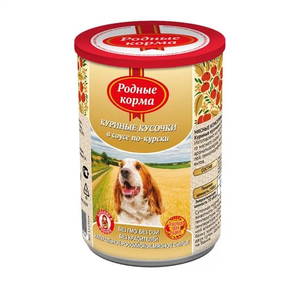 

Влажный корм для собак Родные корма с курицей в соусе по-курски, 9 шт по 410 г