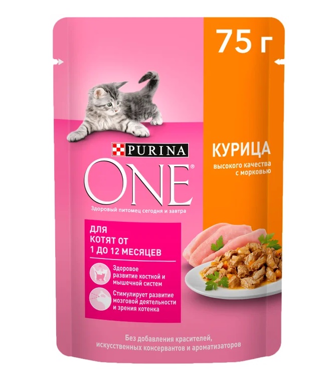 Влажный корм для котят Purina One с курицей и морковью 75г 43₽