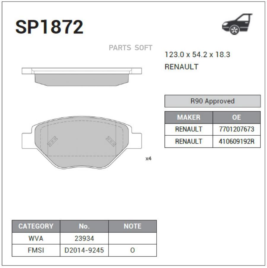 

Колодки дисковые передние \ Renault Megane II 1.4i 16V 98HP 02-03 HI-Q SP1872, SP1872