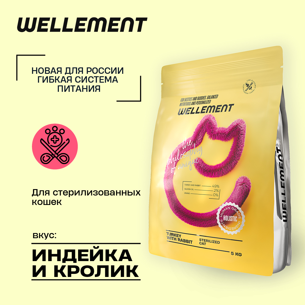 Сухой корм для кошек Wellement, для стерилизованных, с индейкой и кроликом, 5 кг