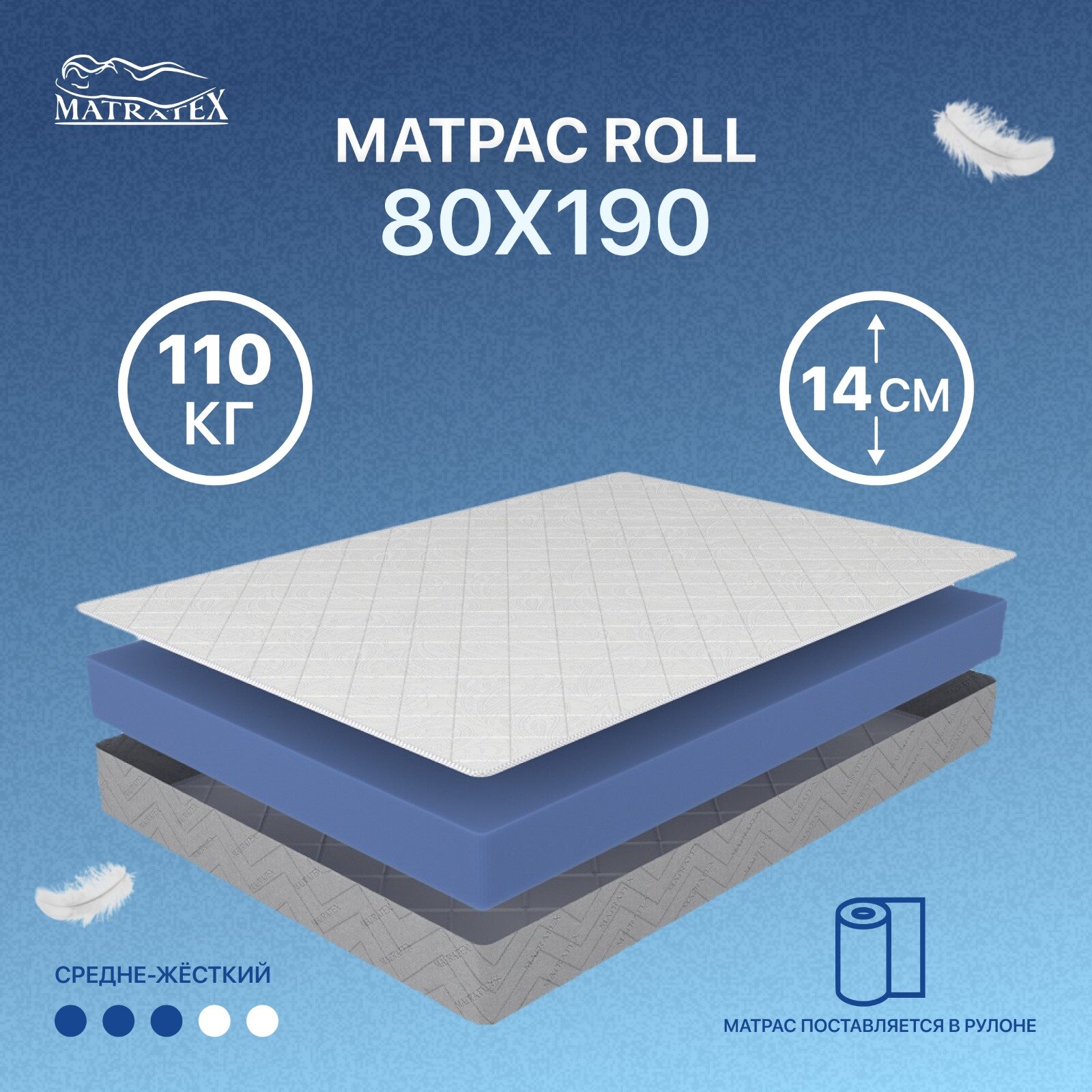 

Матрас ROLL-14 80x190, Белый;серый, ROLL-14