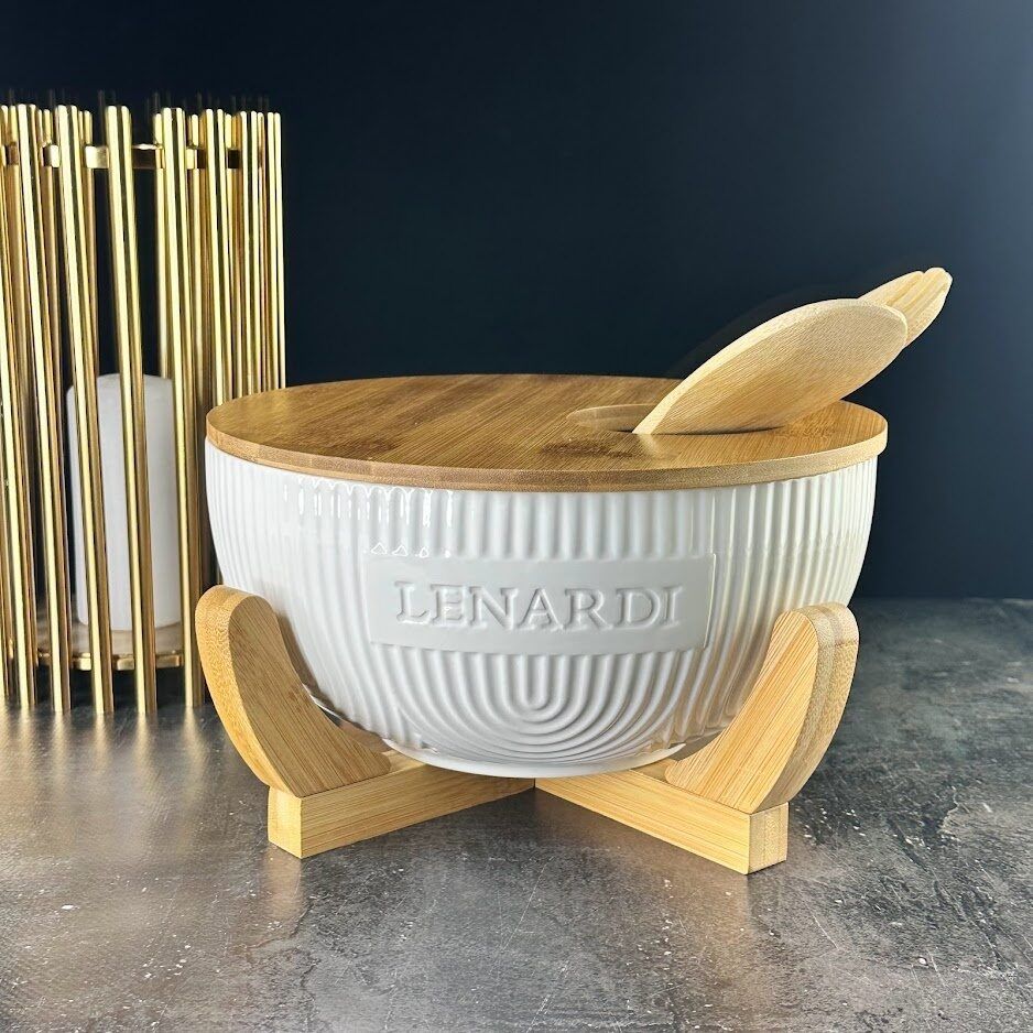 

Салатник 24,5см на подставке с крышкой и кух. принадл. 5пр. BAMBOO Фарфор Lenardi (197075), 140-070