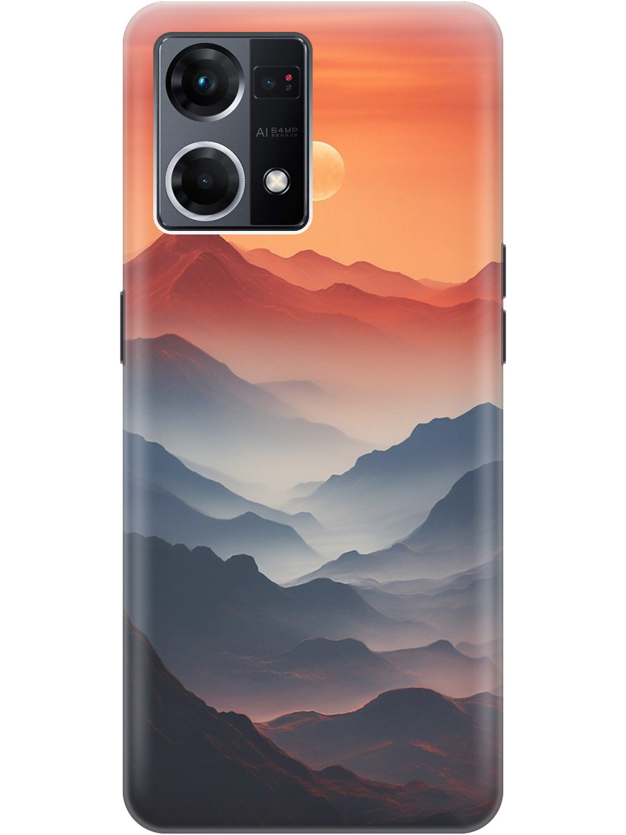 

Силиконовый чехол на Oppo Reno7 с принтом "Луна над горами", Прозрачный;оранжевый;черный, 766399510