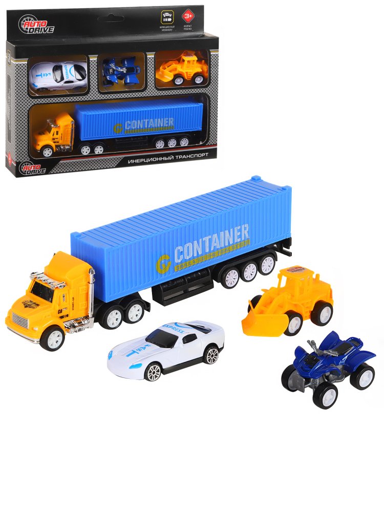 Машинка фрикционная AUTODRIVE, контейнеровоз 20см, с транспортом,желто- синий, JB0404455