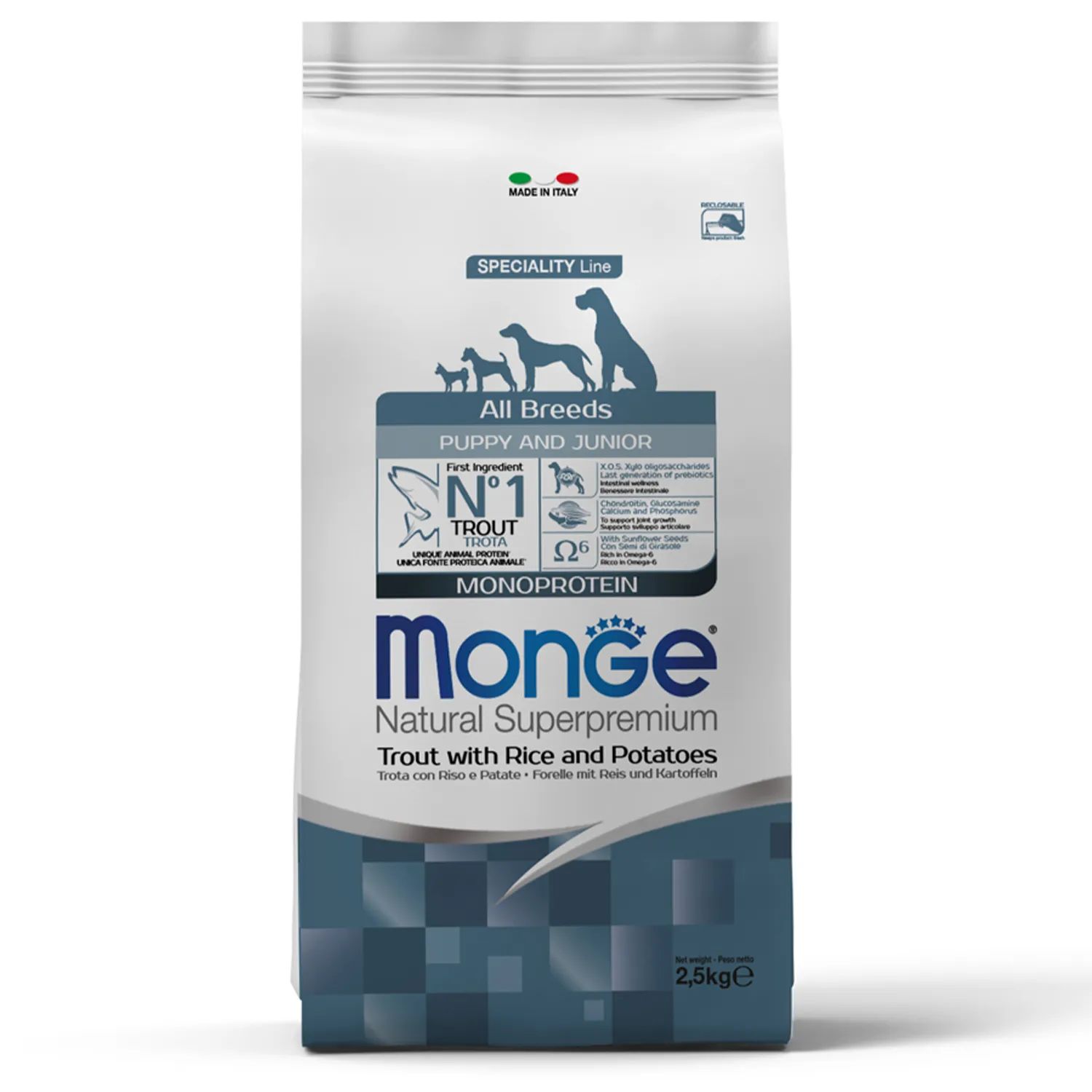 

Сухой корм для щенков Monge Dog Monoprotein форель, рис и картофель 2,5 кг
